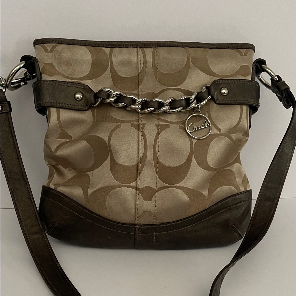 Coach F19730 Signature Canvas Pattern Tan and Metallic Brown Shoulder Bag